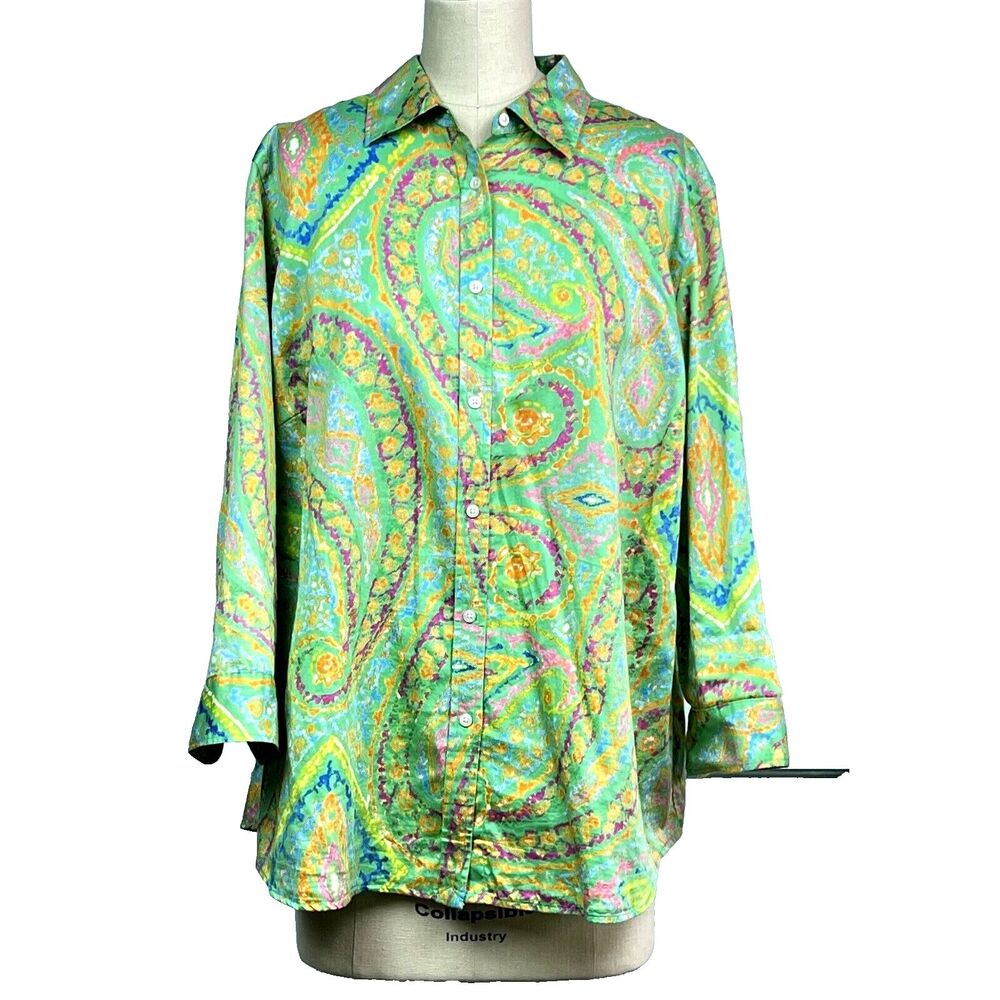LAUREN RALPH LAUREN Button Down Shirt Bright Spring Green Paisley 3/4 Sleeve 1X